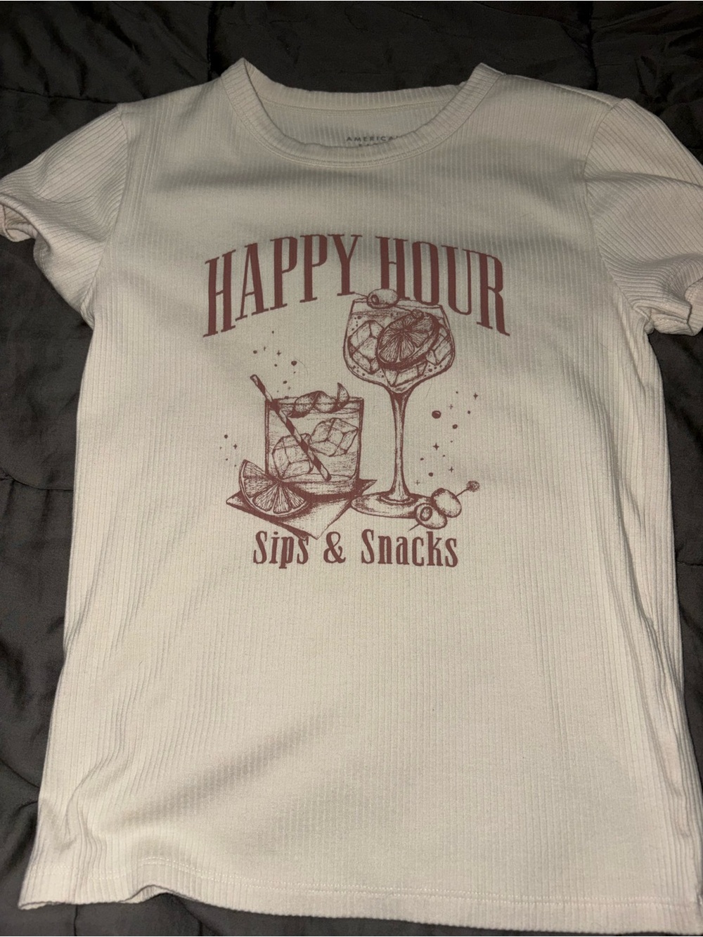 American Eagle Outfitters White Tee with Maroon 'Happy Hour' Graphic